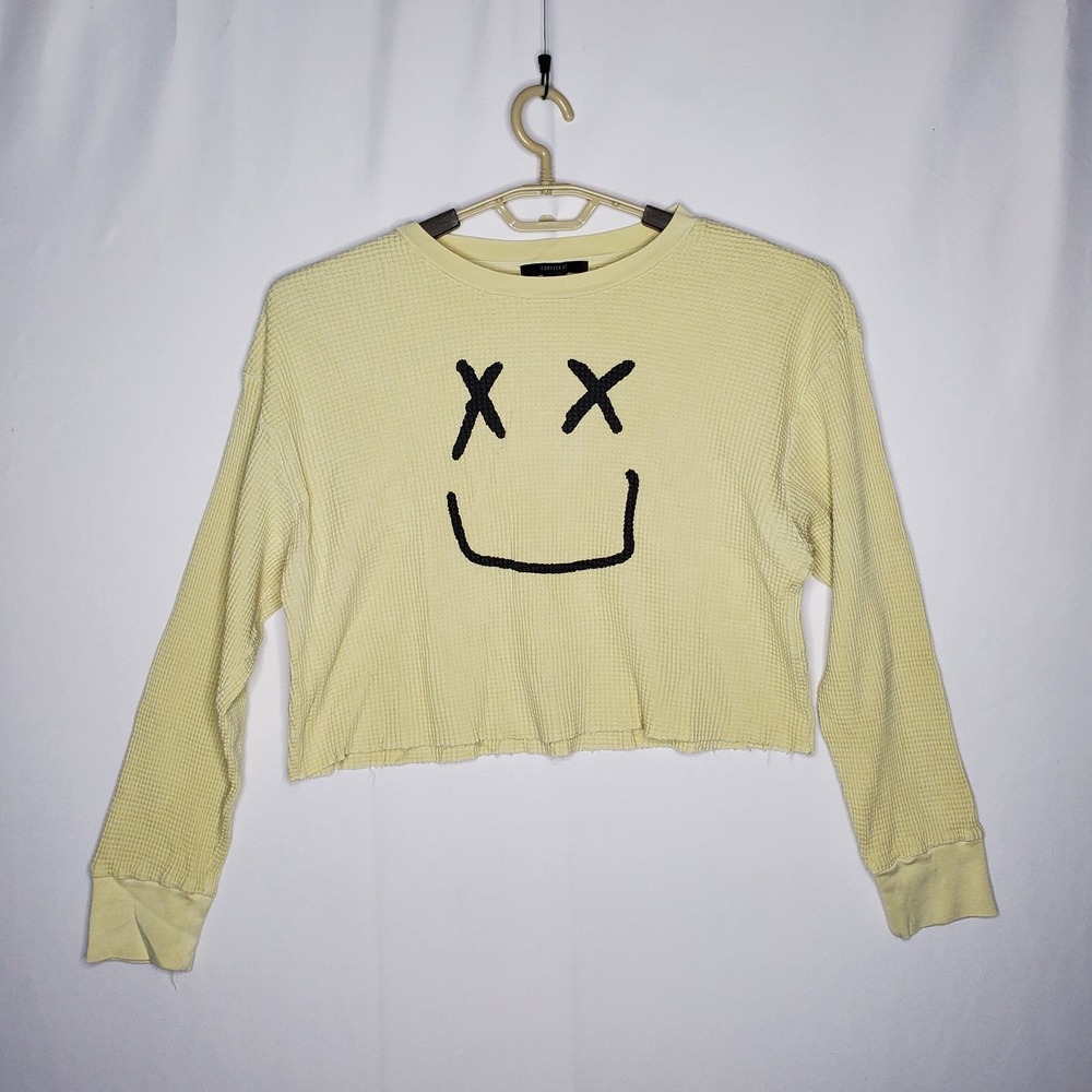 Forever 21 Crop Waffle Knit Top Women Large Smiley Face Emoji Grunge Y2K